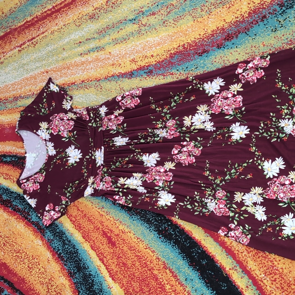 Cathy Floral Maxi Dress Burgundy Boho Short Sleeve Empire Waist Size Medium